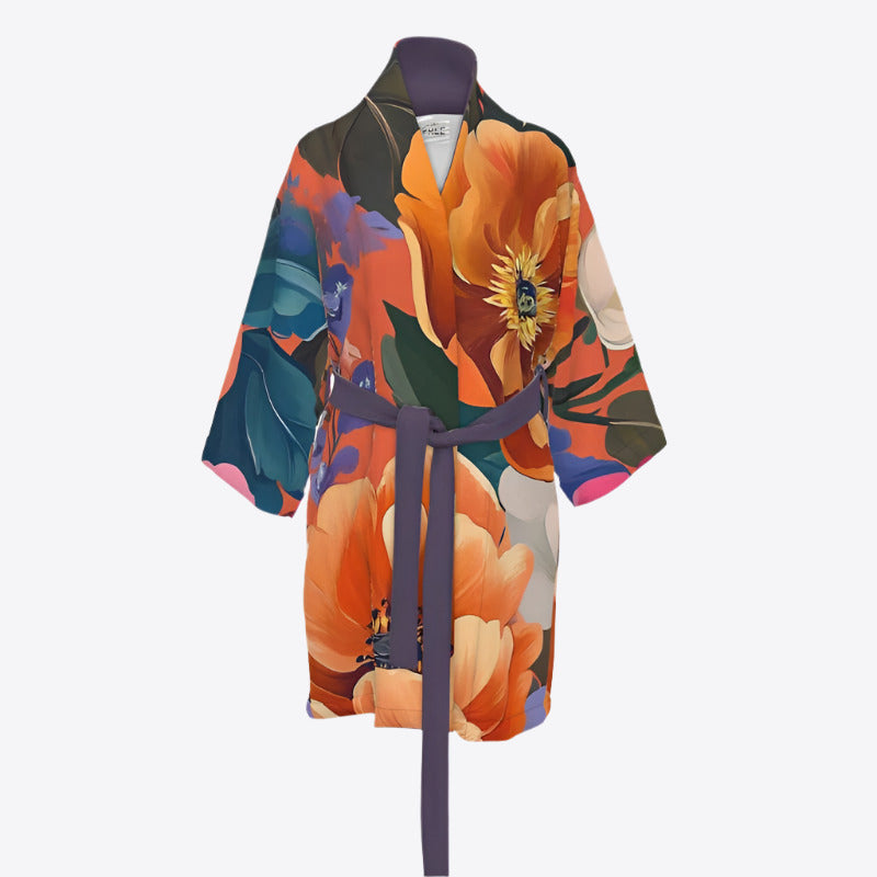 Crimson Sunset Floral Lounge Organic Cotton Womens Kimono