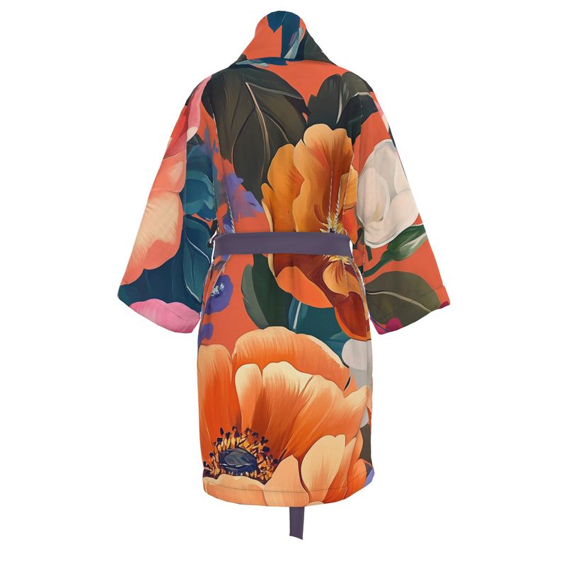 Crimson Sunset Floral Lounge Organic Cotton Womens Kimono