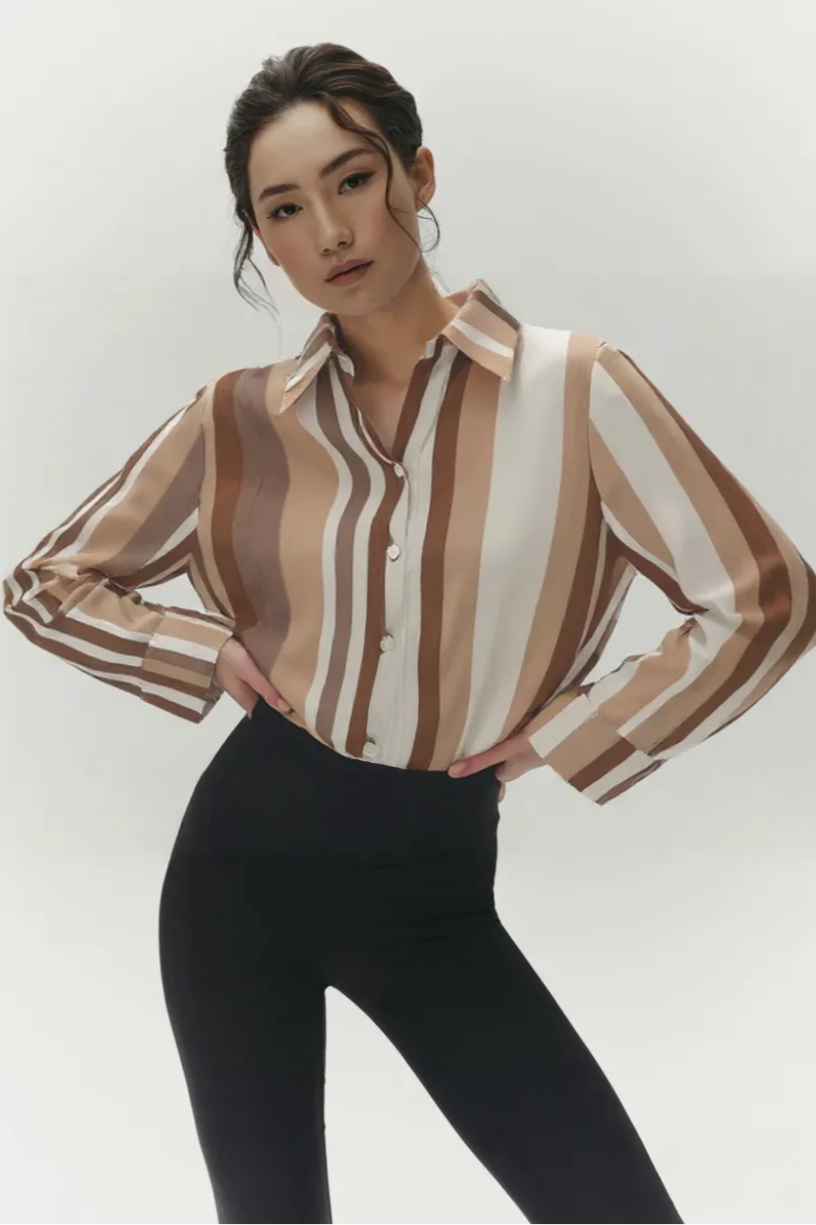 Earth Tones Stripes Button Up Cotton Womens Blouse