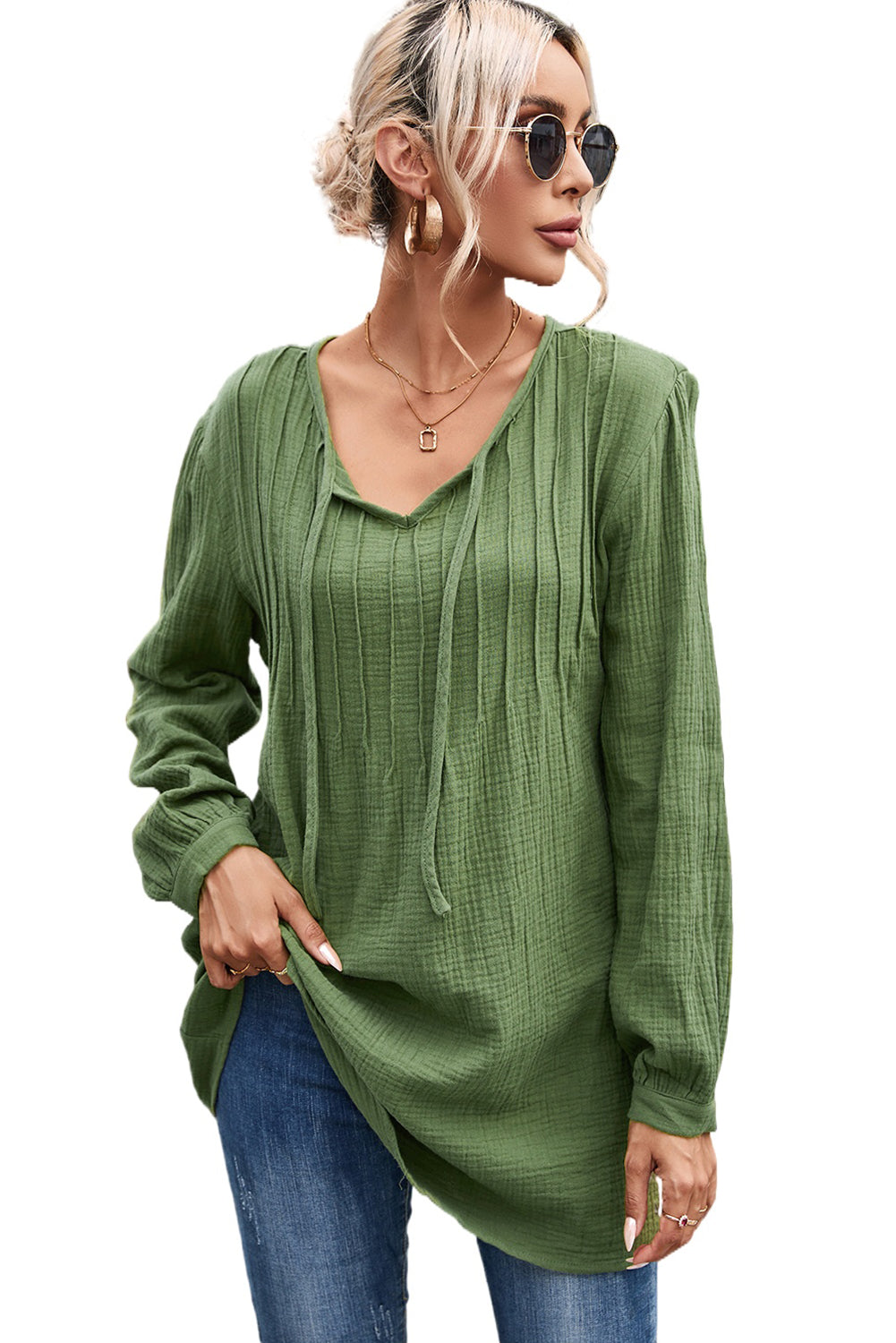 Forest Mist Textured Loose Top Linen Womens Top