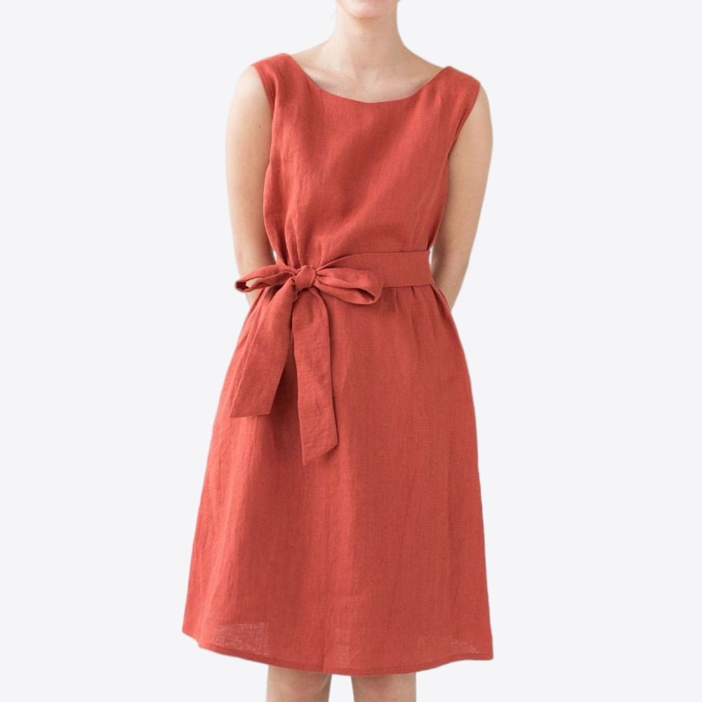 Peach Blossom Sleeveless Casual 100% Linen Womens Dress