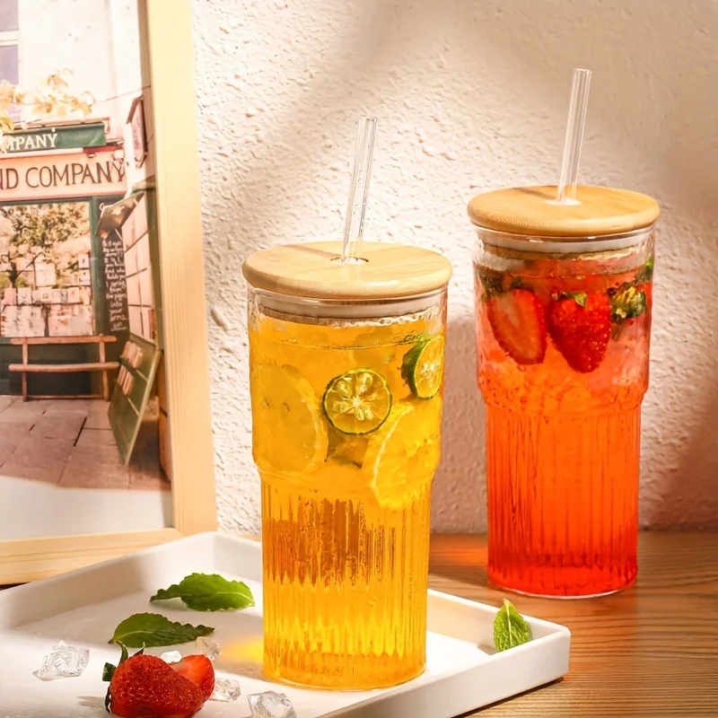 Healthy Flow 17oz Ribbed Glass Cups With Lid