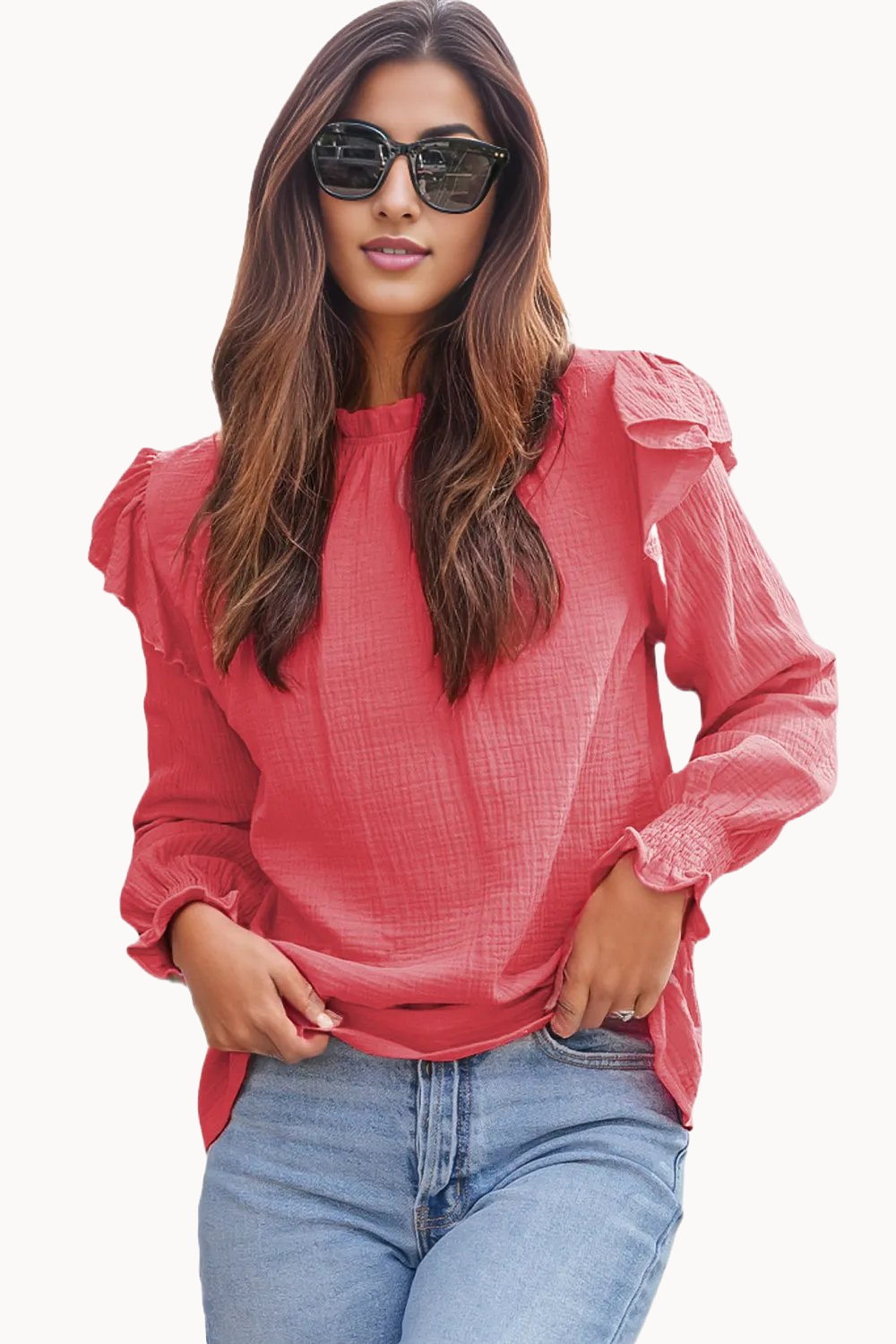 Red Daisy Puff Sleeve 100% Cotton Womens Blouse