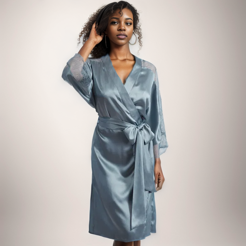 Azure Mist Blue and Gray Silk Womens Robe