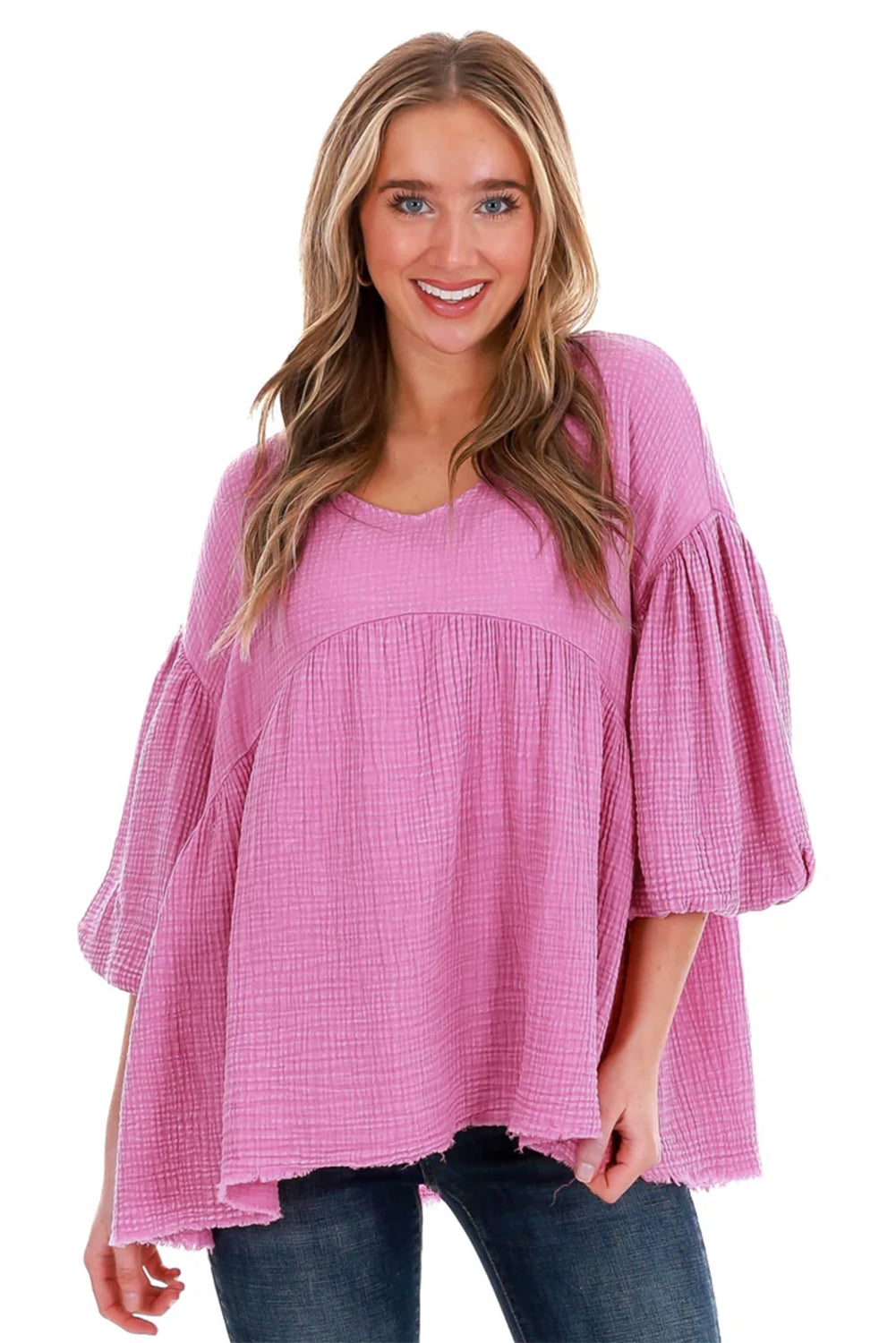 Pink Hydrangea Ruffle Sleeves 100% Cotton Womens Blouse