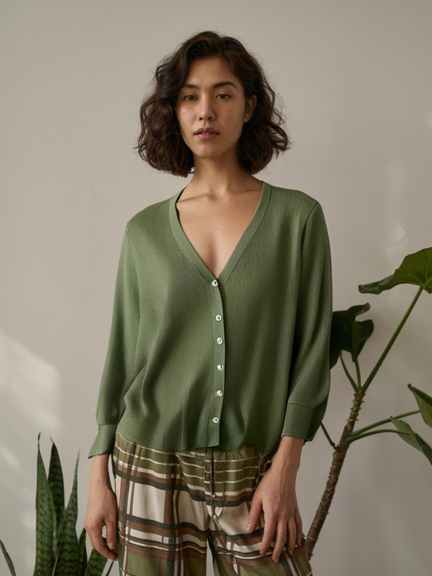 Green Fields V-Neck Mulberry Silk Cotton Womens Cardigan