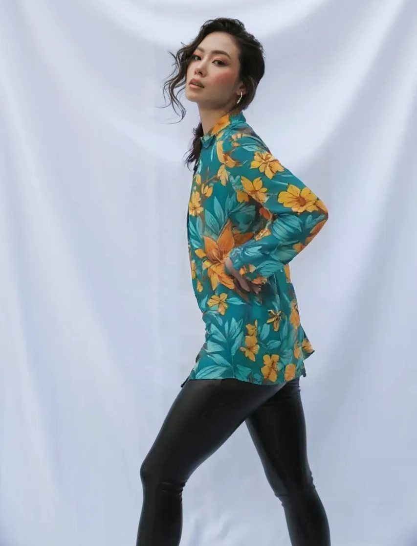Azure Tropical Floral Cotton Womens Blouse