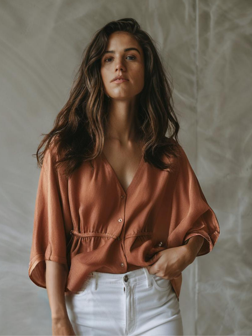 Red Orange Cotton Linen Womens Blouse