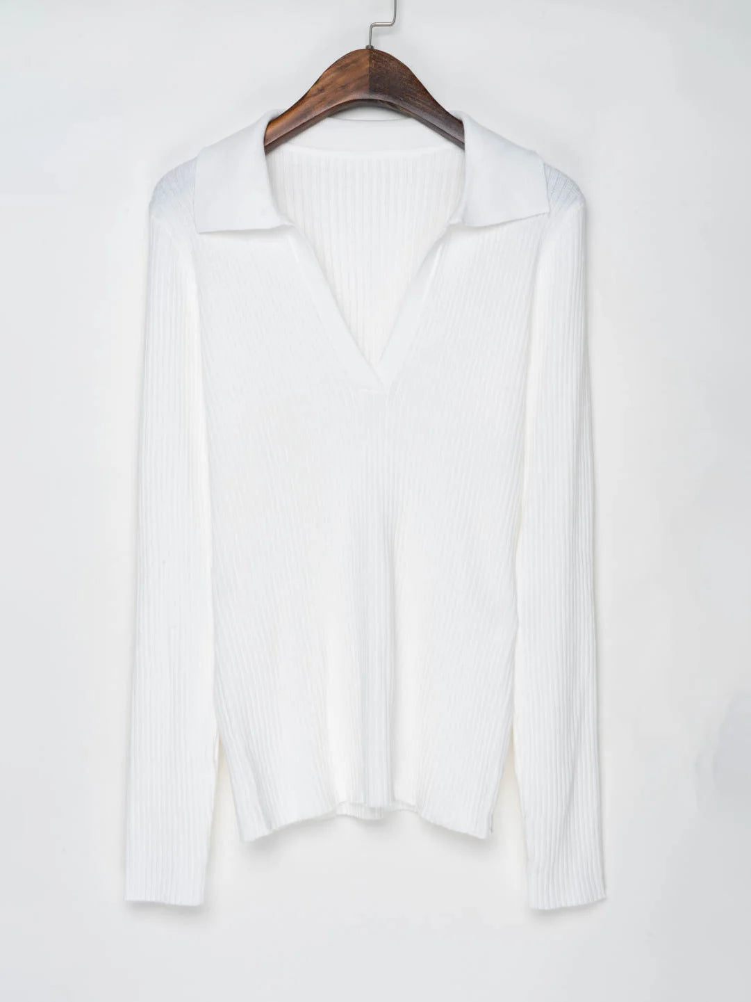 Ribbed Cotton V Neck Polo Collar Sweater Women Knitwear Brown, Black, White