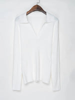 Ribbed Cotton V Neck Polo Collar Sweater Women Knitwear Brown, Black, White