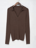 Ribbed Cotton V Neck Polo Collar Sweater Women Knitwear Brown, Black, White