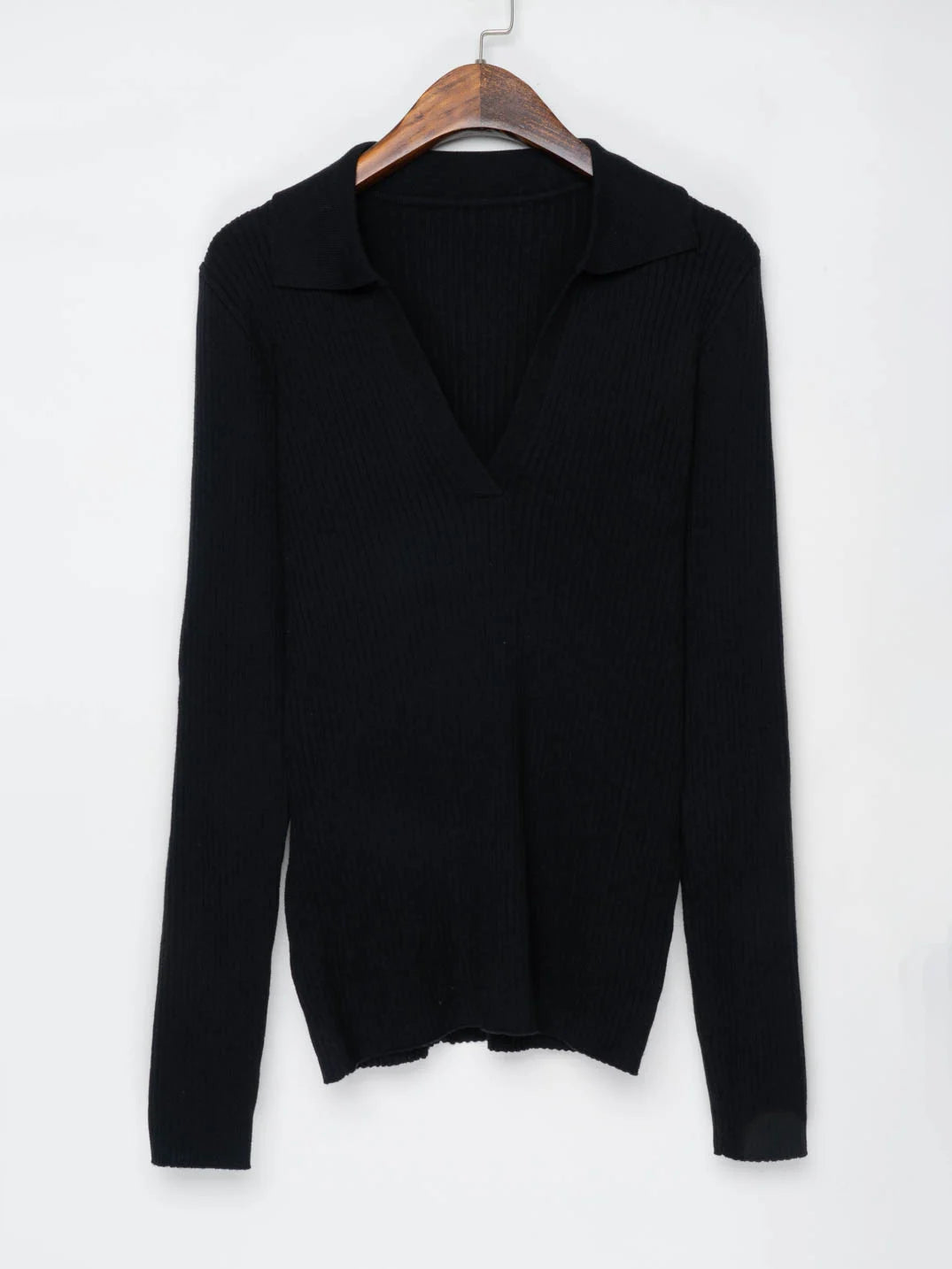 Ribbed Cotton V Neck Polo Collar Sweater Women Knitwear Brown, Black, White