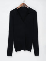 Ribbed Cotton V Neck Polo Collar Sweater Women Knitwear Brown, Black, White