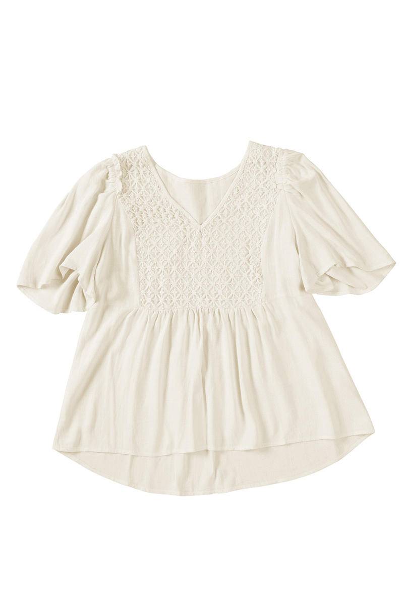 Daisy Dream V-Neck Crochet Puff Sleeve Viscose Linen Top | Hypoallergenic - Allergy Friendly - Naturally Free