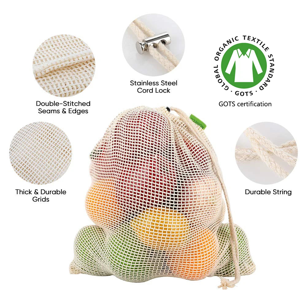 Healthy Eats Biodegradable Mesh Organic Cotton Vegetable Fruit Bags