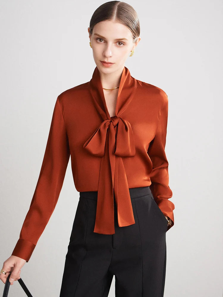 Green Spring Bow Collar Mulberry Silk Womens Blouse