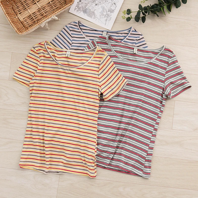 Golden Maple Stripes Casual Cotton Womens Top