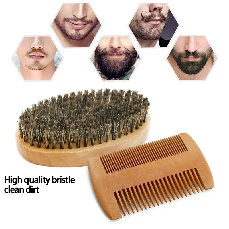 2Pcs Soft Boar Wood Beard Brush Set