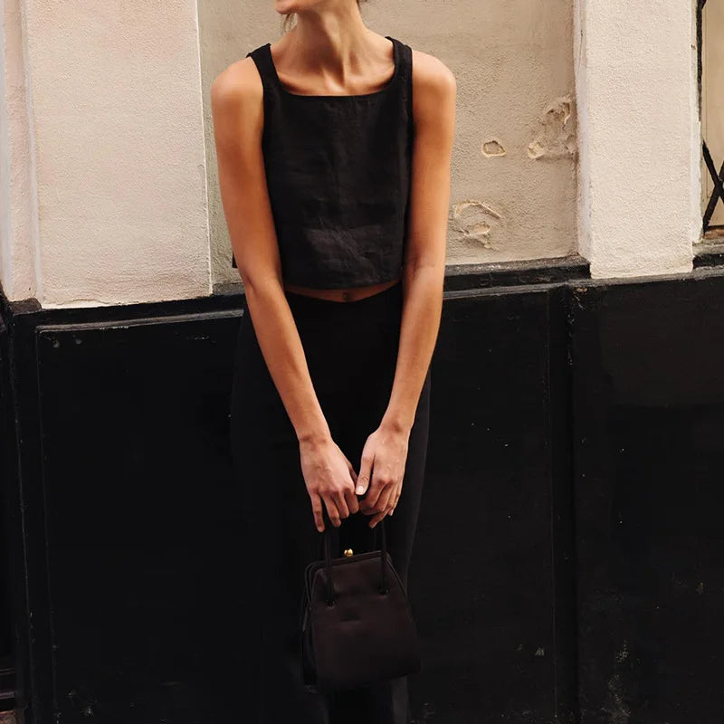 Natural Grain Square Neck Sleeveless 100% Linen Womens Crop Top