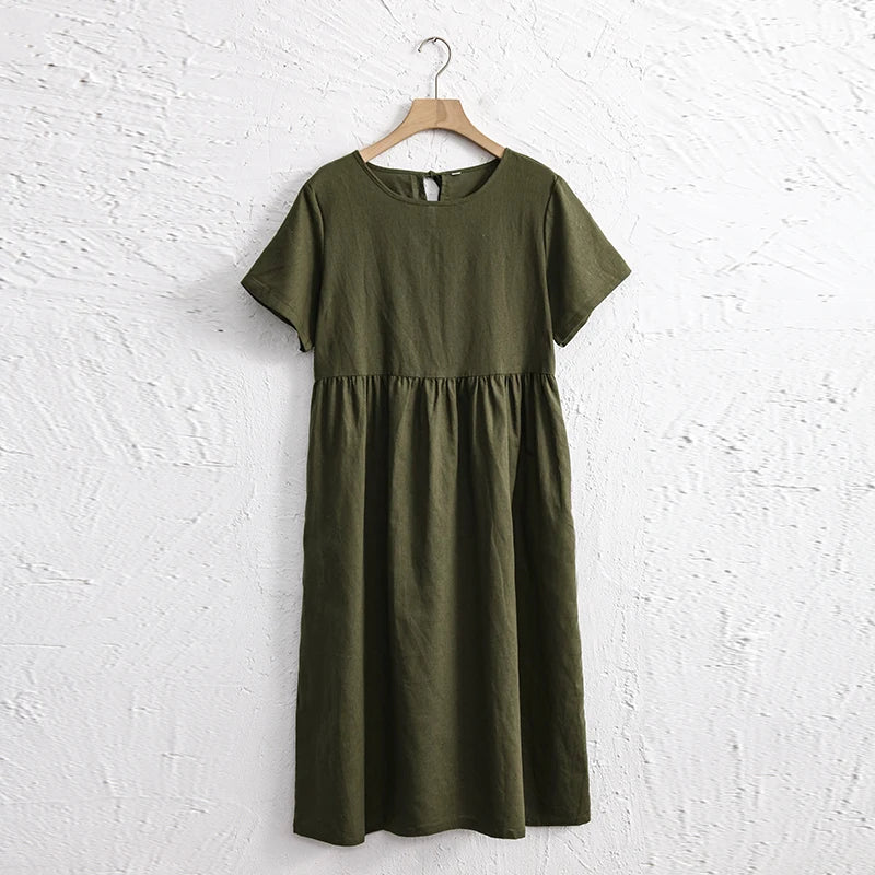 Green Olives 1Pc Cotton Linen Womens Dress