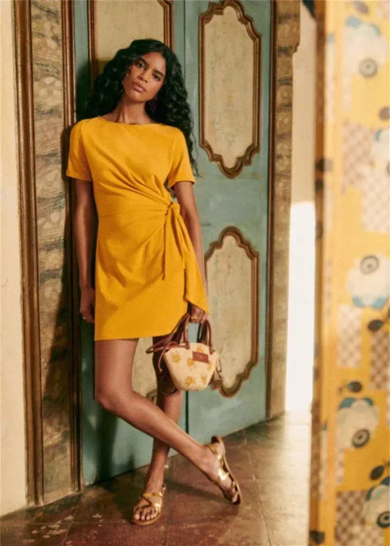 Women Dress Summer New 94% Cotton Solid Color Round Neck Waist Tie Slit Short Sleeves Dress