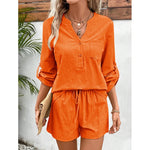 Oat Fields 2Pcs Long Sleeve Blouse & Shorts Cotton Womens Set