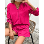 Oat Fields 2Pcs Long Sleeve Blouse & Shorts Cotton Womens Set