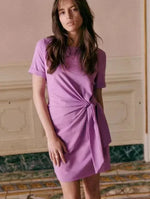 Women Dress Summer New 94% Cotton Solid Color Round Neck Waist Tie Slit Short Sleeves Dress