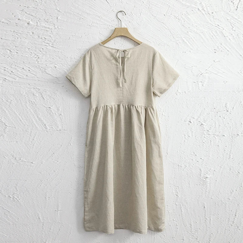 Green Olives 1Pc Cotton Linen Womens Dress