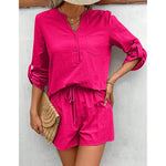 Oat Fields 2Pcs Long Sleeve Blouse & Shorts Cotton Womens Set