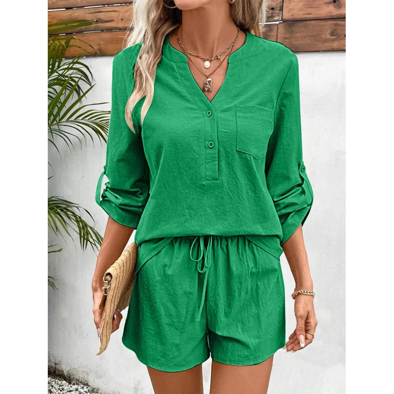 Oat Fields 2Pcs Long Sleeve Blouse & Shorts Cotton Womens Set
