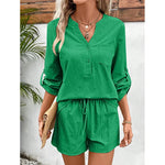 Oat Fields 2Pcs Long Sleeve Blouse & Shorts Cotton Womens Set