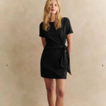 Women Dress Summer New 94% Cotton Solid Color Round Neck Waist Tie Slit Short Sleeves Dress