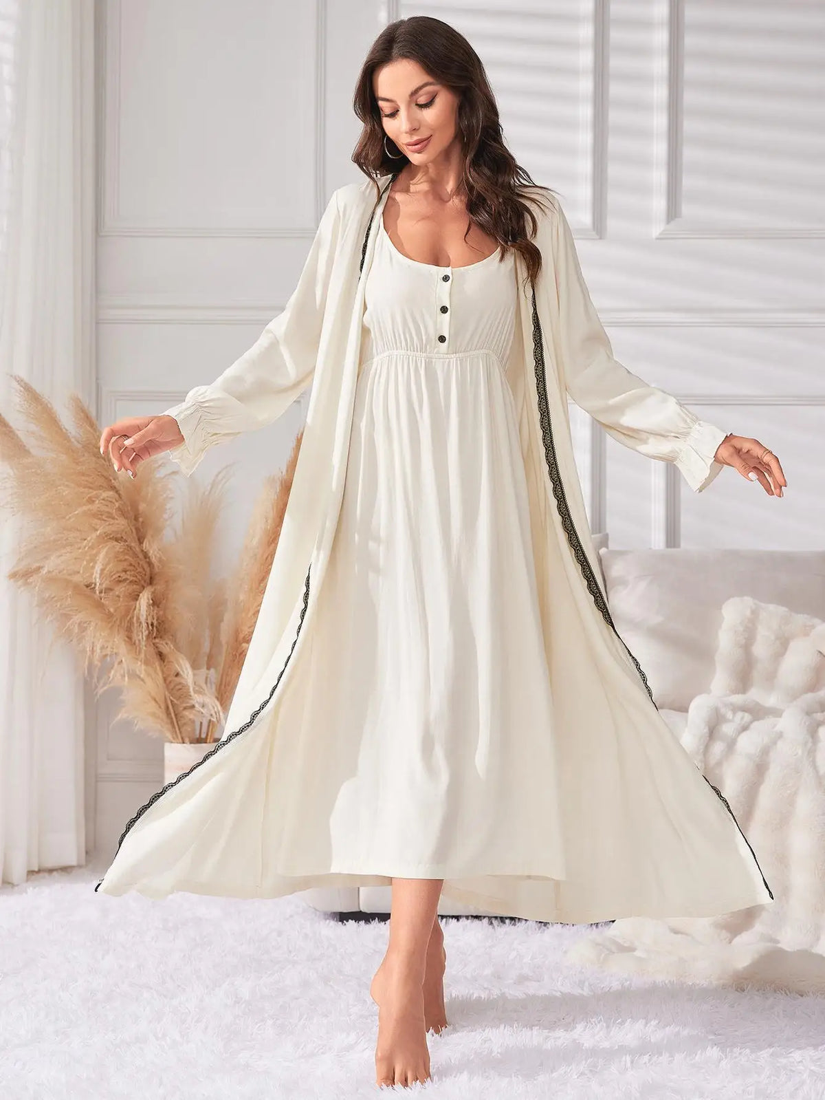 Mist Ivory Sleepwear Set 2Pcs Viscose Womens Lounge Nightgown