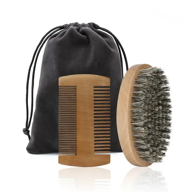 2Pcs Soft Boar Wood Beard Brush Set
