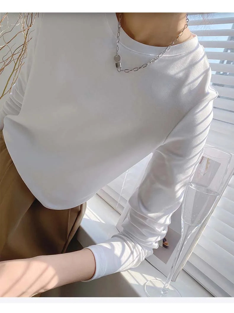 Essential Pima Cotton T Shirts Long Sleeve Women Crew Neck Top Tees S,M,L