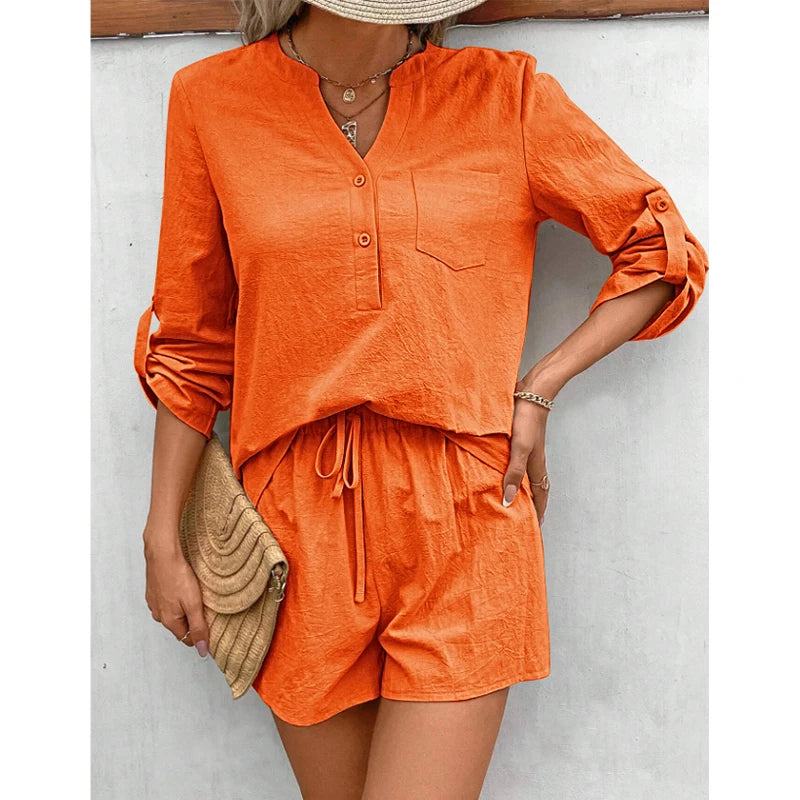 Oat Fields 2Pcs Long Sleeve Blouse & Shorts Cotton Womens Set