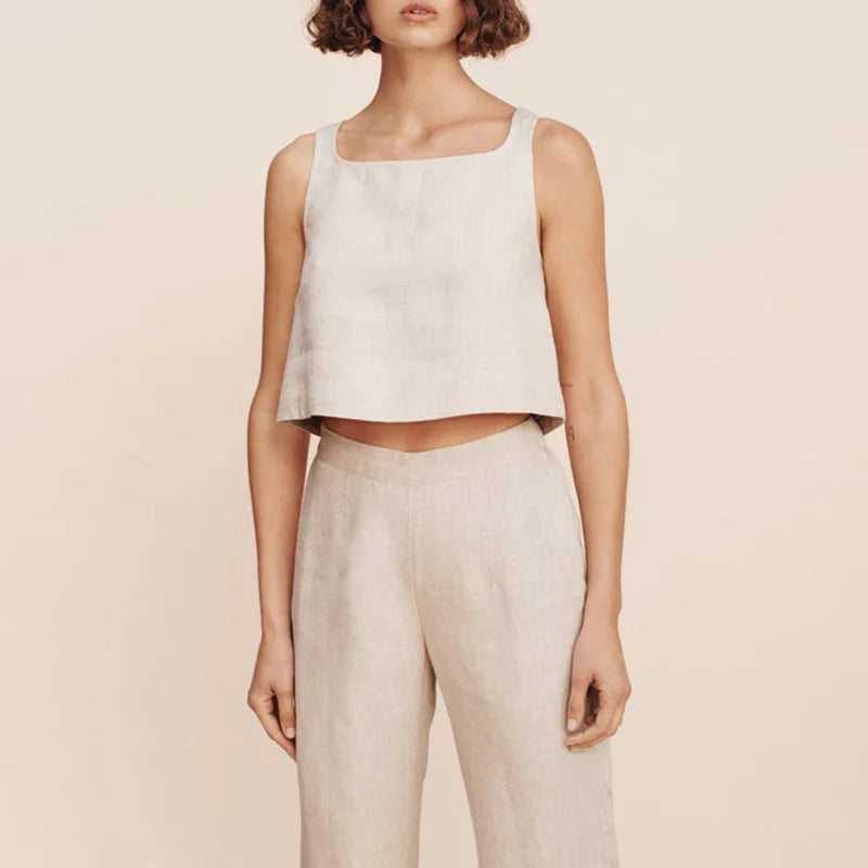 Natural Grain Square Neck Sleeveless 100% Linen Womens Crop Top