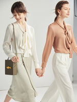 Green Spring Bow Collar Mulberry Silk Womens Blouse