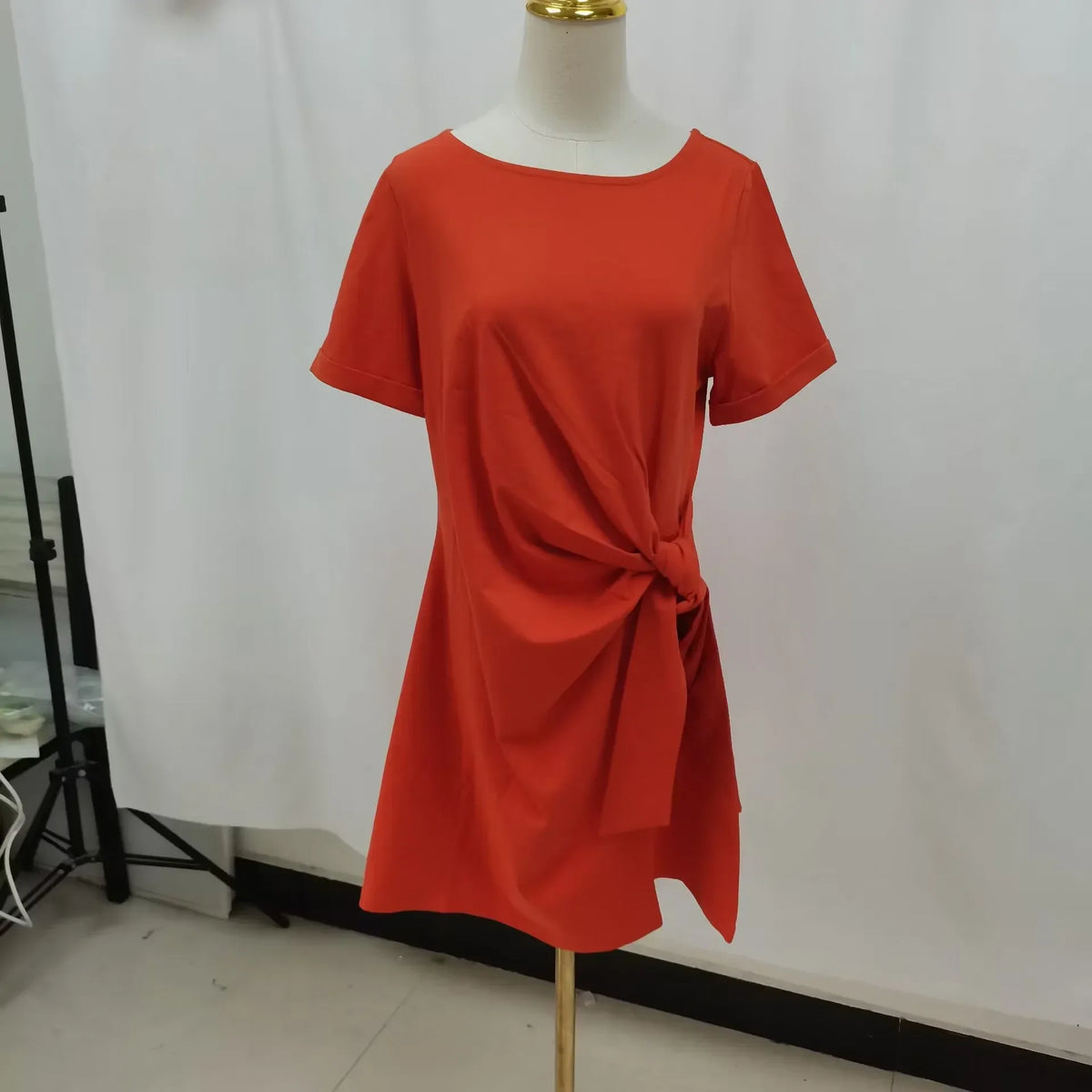 Women Dress Summer New 94% Cotton Solid Color Round Neck Waist Tie Slit Short Sleeves Dress