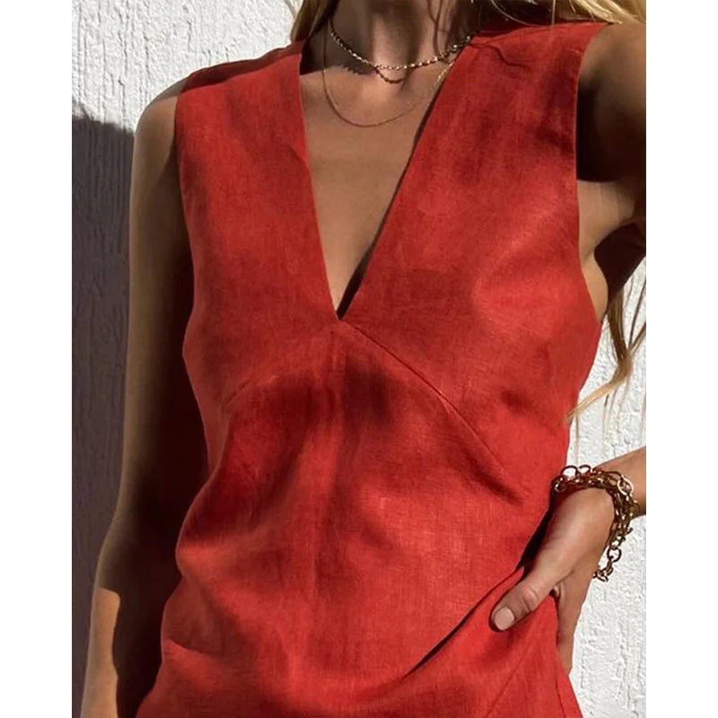 Citrus Red V-Neck Cotton Linen Womens Dress