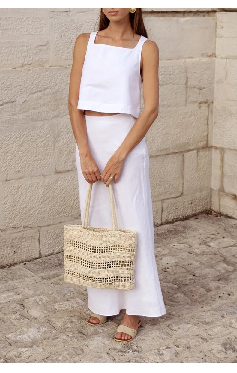 Natural Grain Square Neck Sleeveless 100% Linen Womens Crop Top