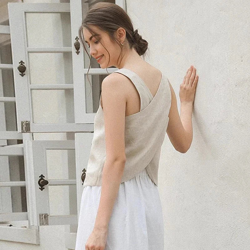 Gentle Breeze Blue None Casual Linen Womens Tank Top