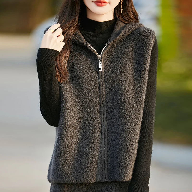 New 100% Australian wool vest solid color knitted women's cardigan sleeveless hooded sweater high-end coat women's wool vest
