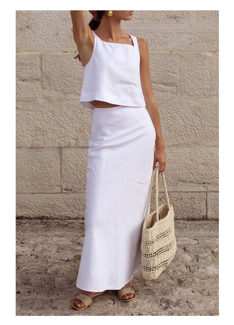 Natural Grain Square Neck Sleeveless 100% Linen Womens Crop Top