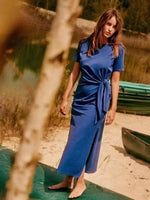 Women Dress Summer New 94% Cotton Solid Color Round Neck Waist Tie Slit Short Sleeves Dress