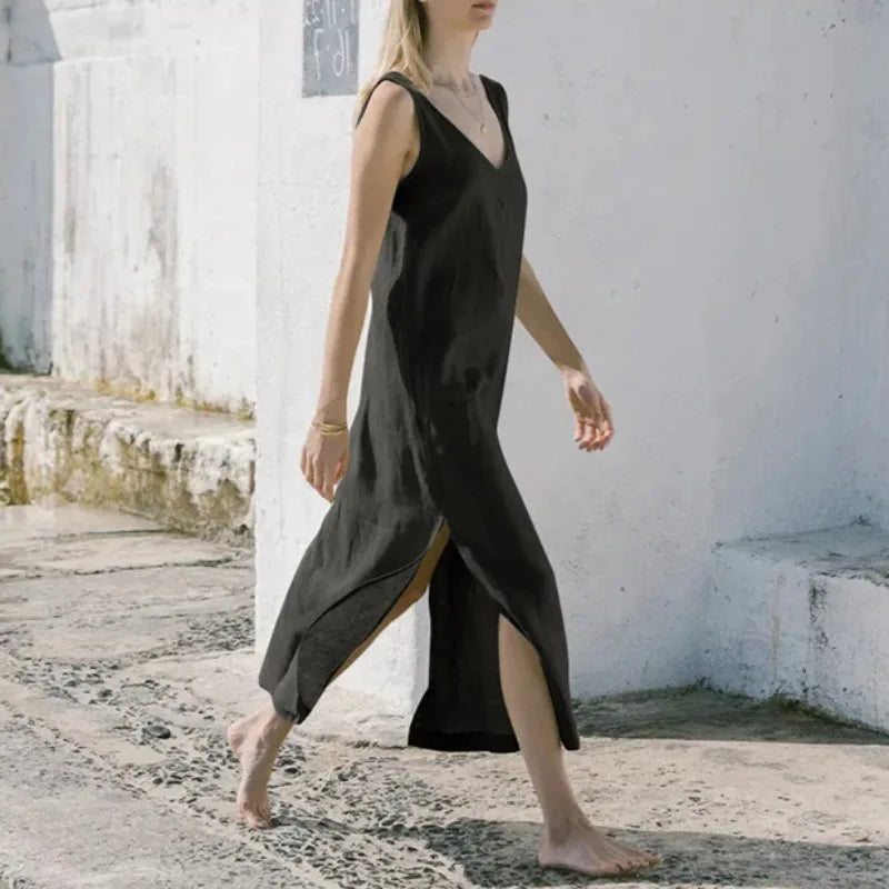 Crimson Sky Dots Beach Linen Womens Dress