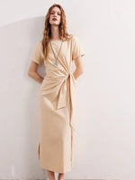 Women Dress Summer New 94% Cotton Solid Color Round Neck Waist Tie Slit Short Sleeves Dress