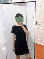 Women Dress Summer New 94% Cotton Solid Color Round Neck Waist Tie Slit Short Sleeves Dress