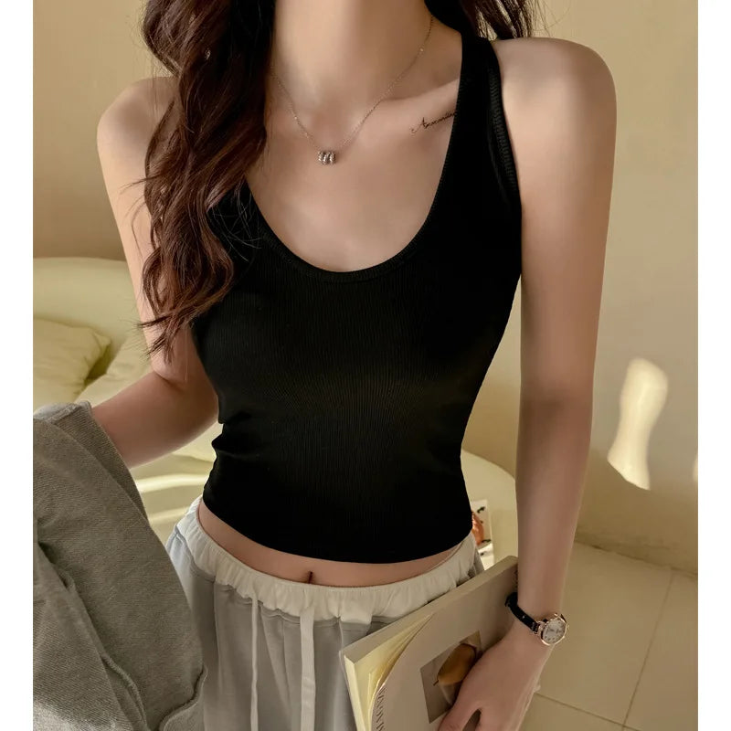 Scoop Racer Back Tank Top Women Slim Ribbed Cropped Top Summer